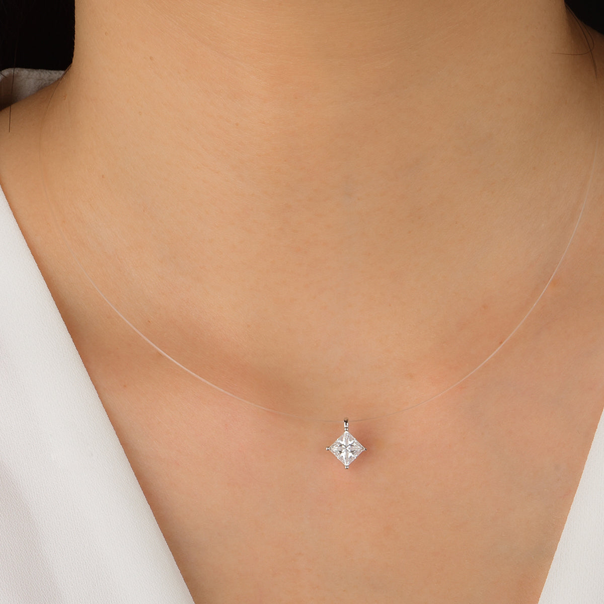 Planderful Moissanite Pendant Necklace Collarbone Princess Cut Square Minimalist Invisible Thread Sparkling For Her