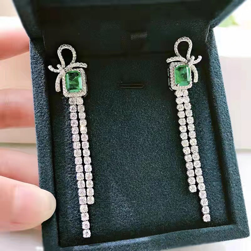 Planderful Lab Grown Gemstone Tassel Earrings With Bow Design S925 Silver Plated For Her
