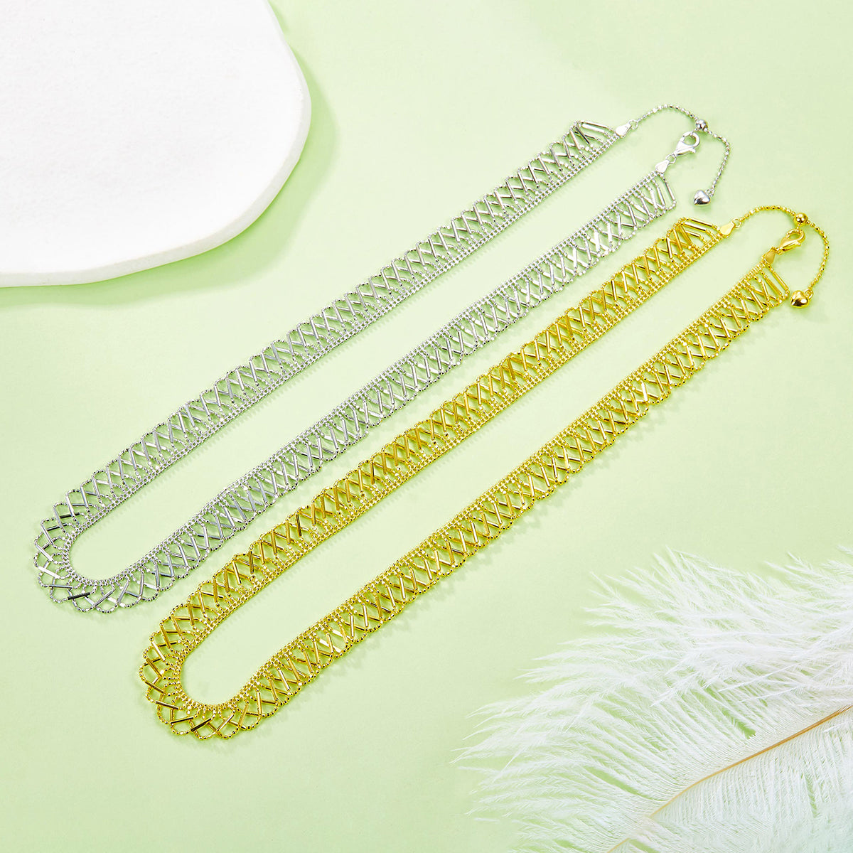 Planderful Shop S925 Silver Gold Plated Lace Woven Necklace For Women, Sparkling Italian Craftsmanship