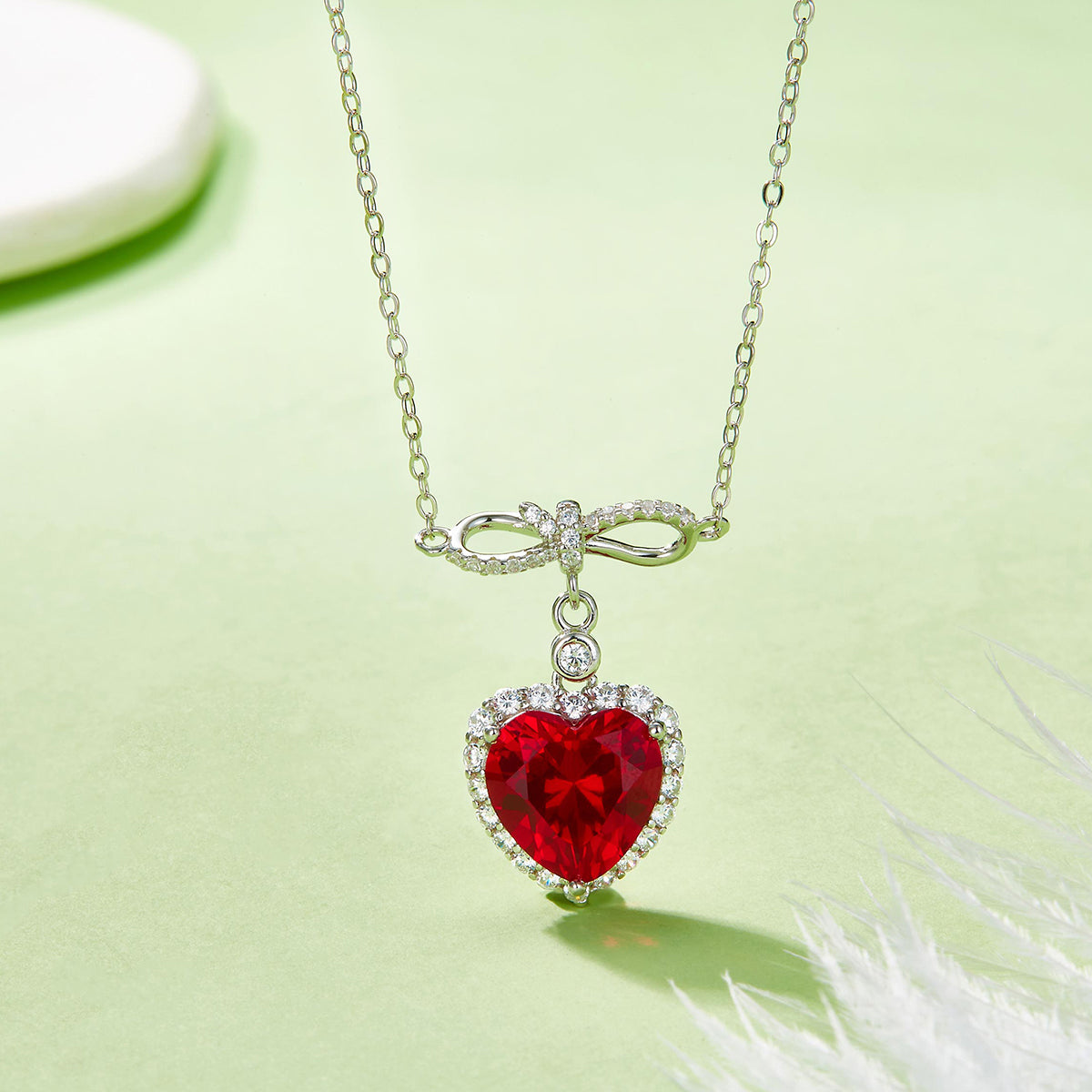Planderful Lab Grown Ruby Heart Pendant Necklace 11mm Bow Heart Shape S925 Silver Plated Gift For Her