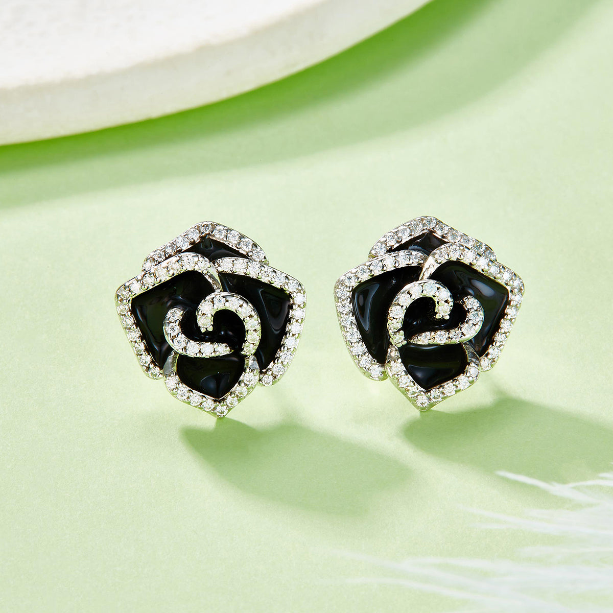 Planderful Moissanite Sparkling Camellia Enamel Earrings 0.45ct DVVS3EX S925 Silver Plated Platinum For Her