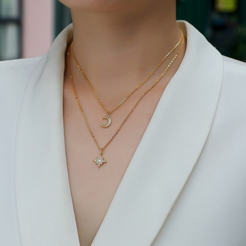Planderful Moissanite Star Moon Pendant Necklace S925 Silver Gold Plated Double Chain Gift for Her