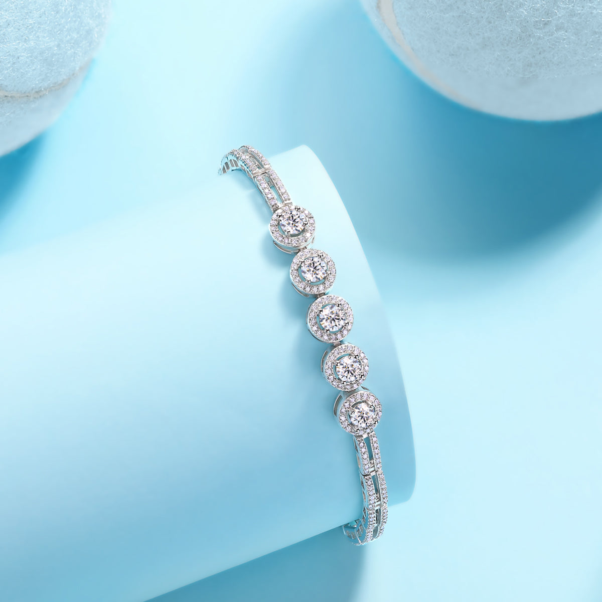 Planderful Moissanite Bracelet 2.85CT Five Round Stones S925 Silver Plated Platinum Elegant Sparkle Gift for Her