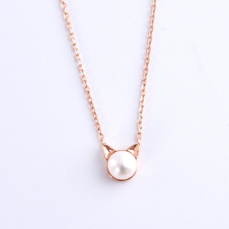 Freshwater Pearl Sweet Cat Pendant Silver Necklace for Women