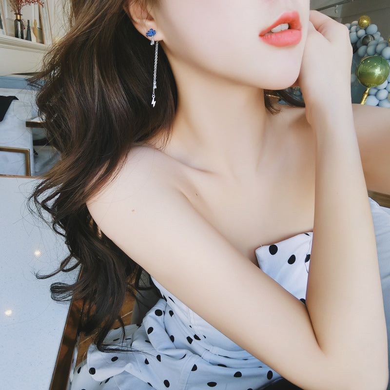 Two Wearing Design with Blue Zircon Long Tassels Silver Drop Earrings for Women