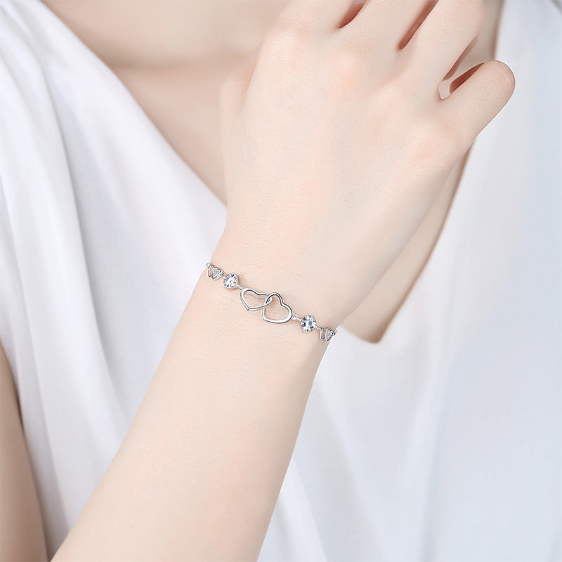 Hollow Heart Buckle with Zircon Silver Bracelet for Women