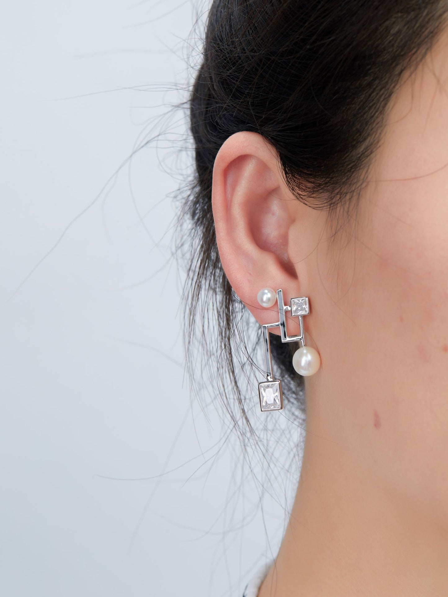 Geometric Figure Enamel with Pearl Silver Earrings for Women