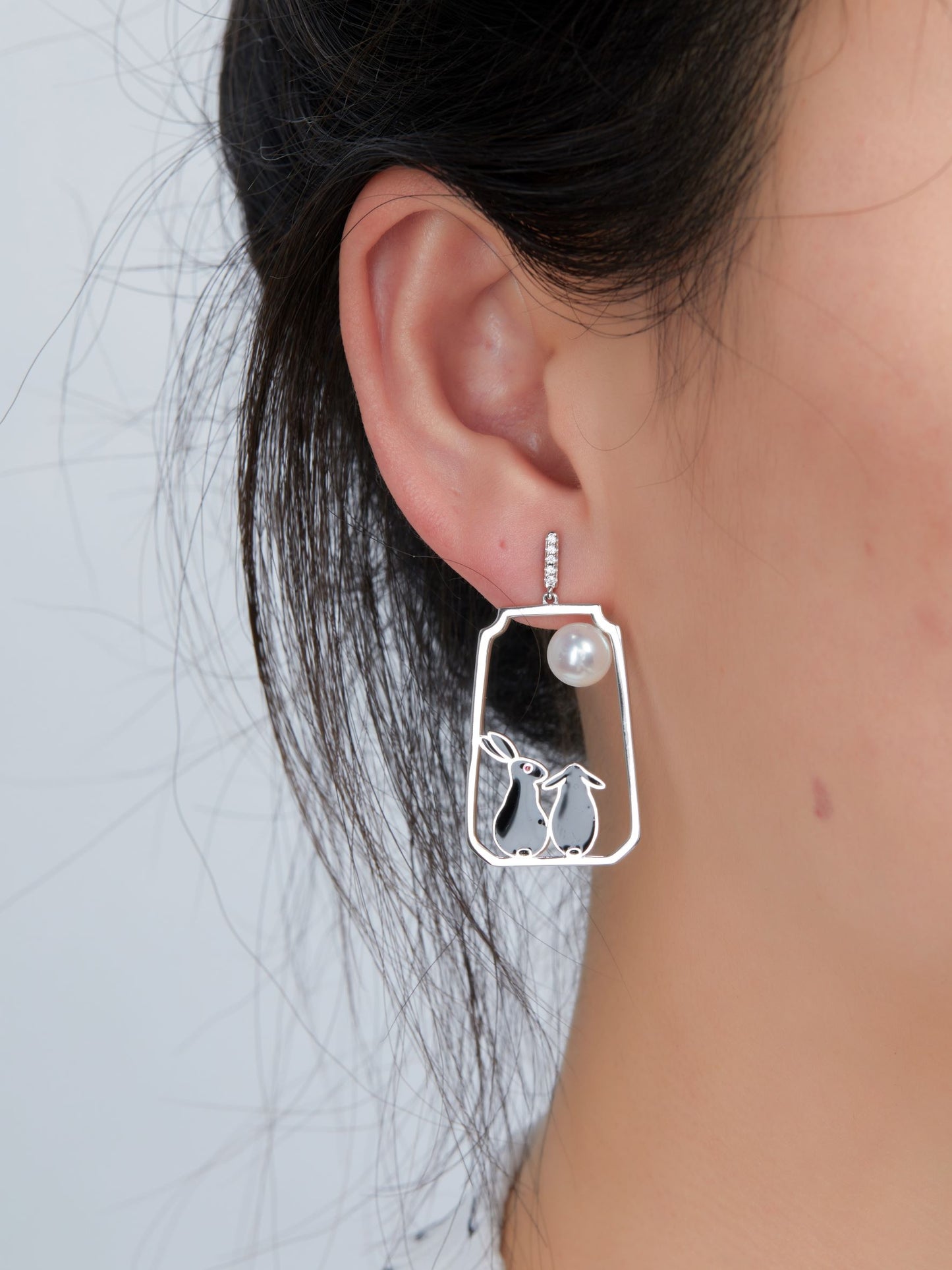 (Two Colours) Moon Rabbit Enamel with Pearl Silver Drop Earrings for Women