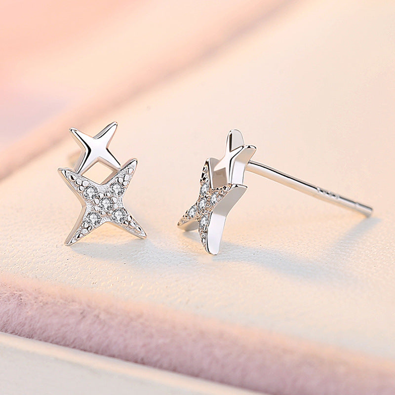 Double Cross Star Silver Studs Earrings for Women