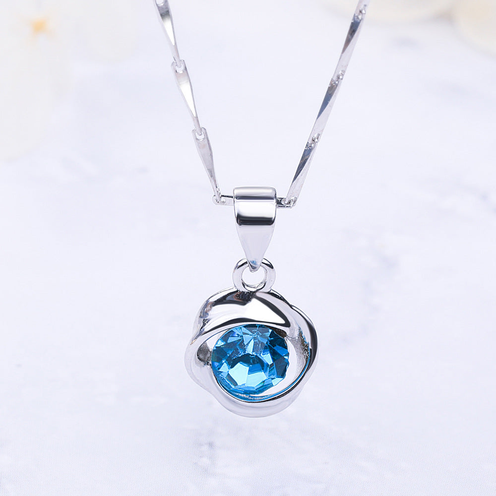 Blue Topaz Rose Petal Pendant Silver Necklace for Women
