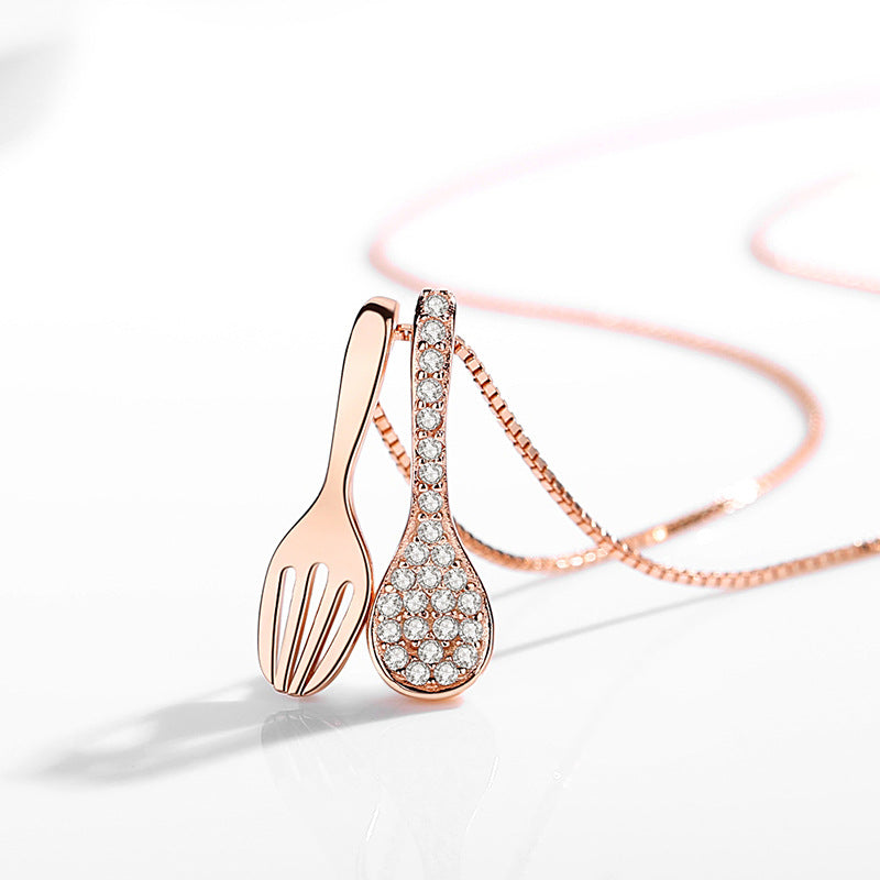 Zircon Spoon Fork Pendant Silver Necklace for Women