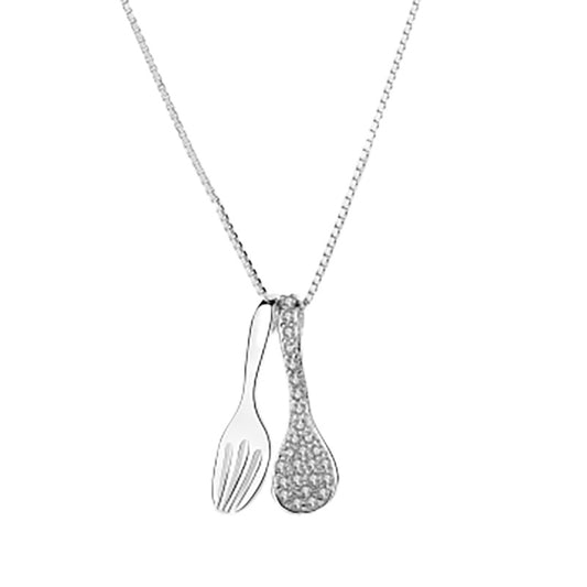 Zircon Spoon Fork Pendant Silver Necklace for Women