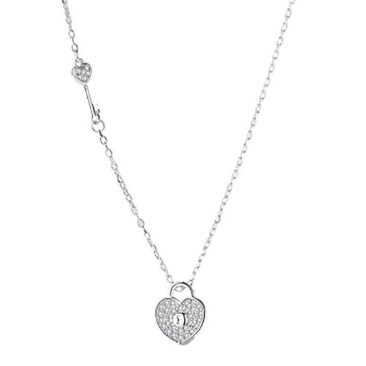Valentine's Day Gift Zircon Lock with Key Silver Necklace for Women