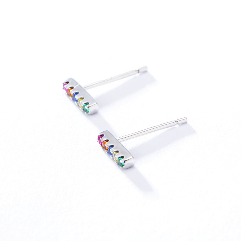 Straight Line Colourful Zircon Silver Studs Mardi Gras Earrings for Women
