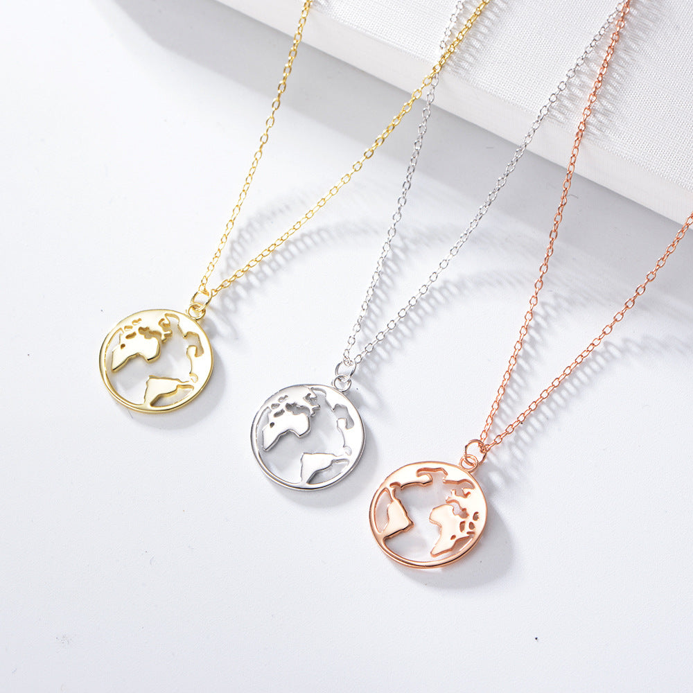 World Map Pendant Sterling Silver Necklace for Women
