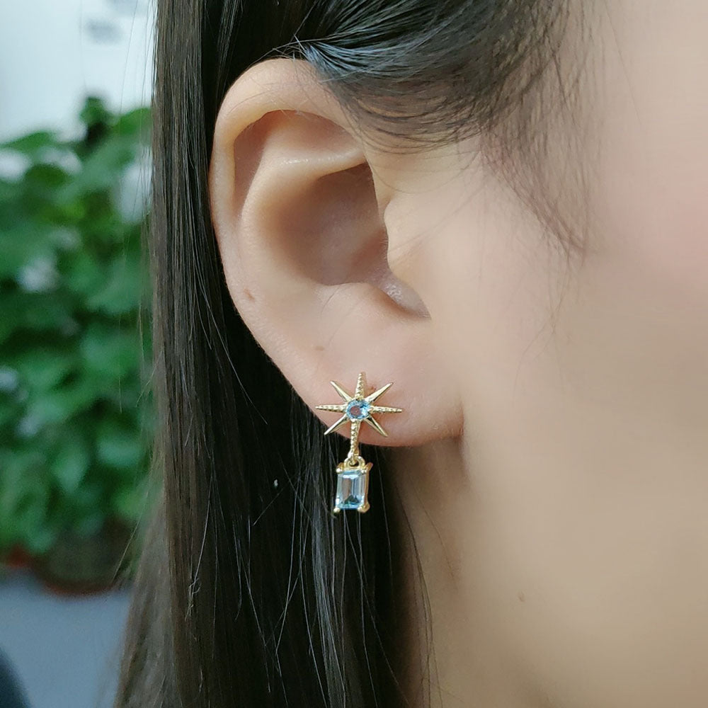 Asymmetric Six-pointed Star with Sky Blue Zircon Silver Drop Earrings for Women