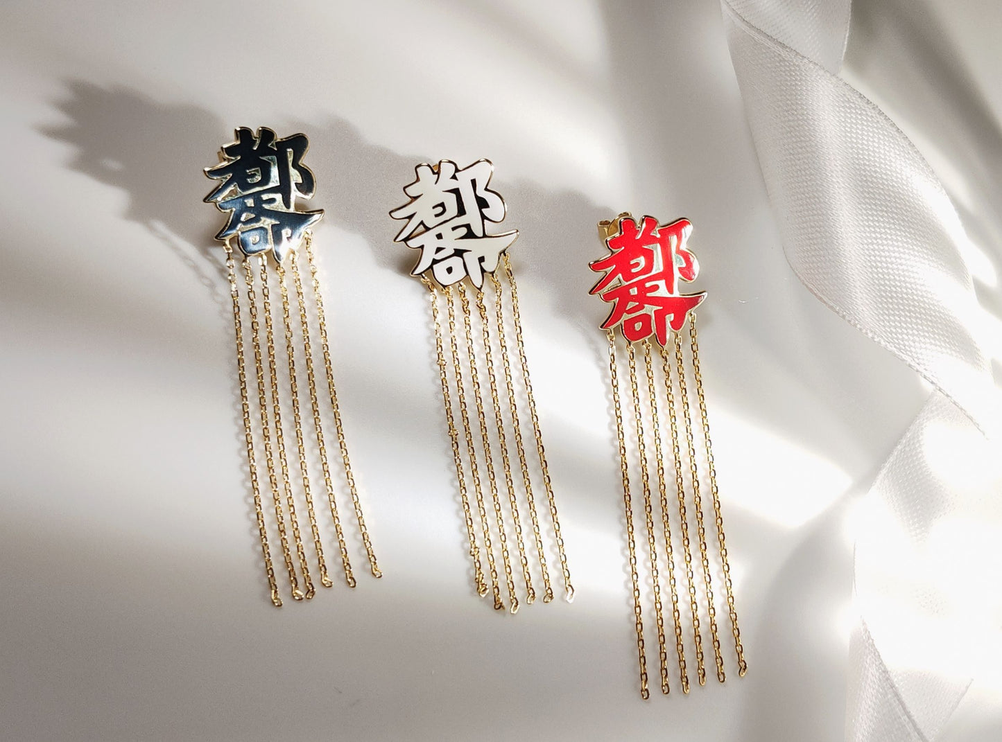 (Three Colours) Chinese Words Enamel Drop Earrings for Women