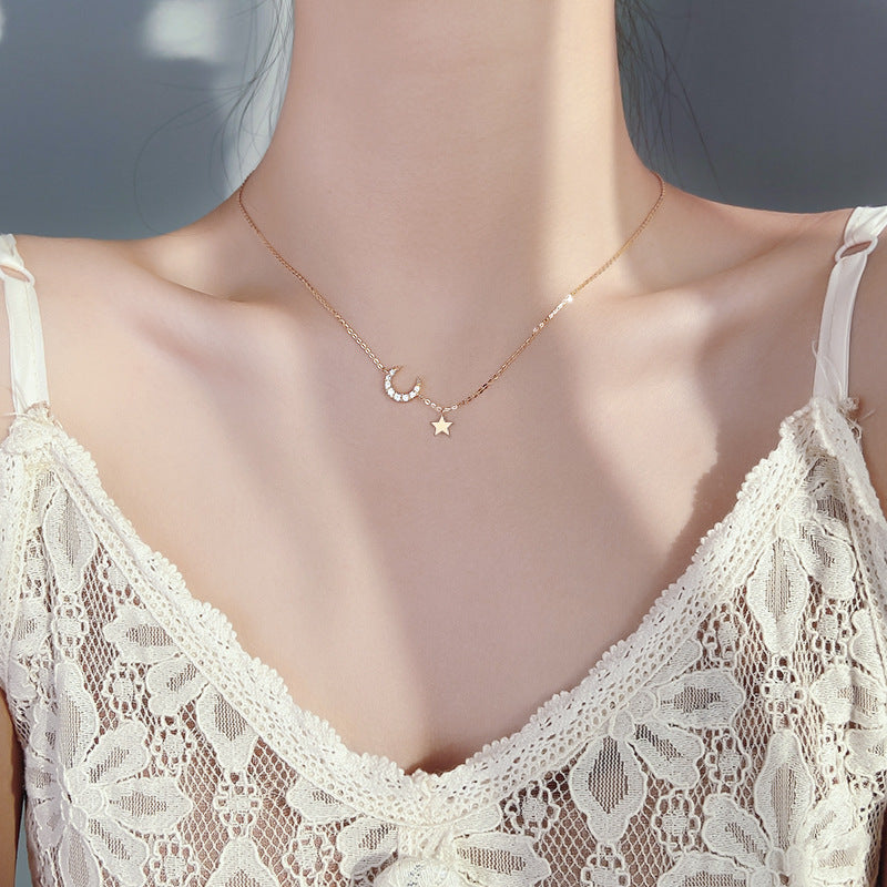 Zircon Moon with Star Silver Necklace for Women