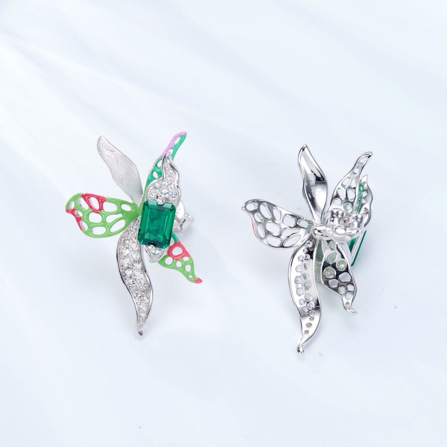 Butterfly Orchid Enamel Silver Studs Earrings for Women