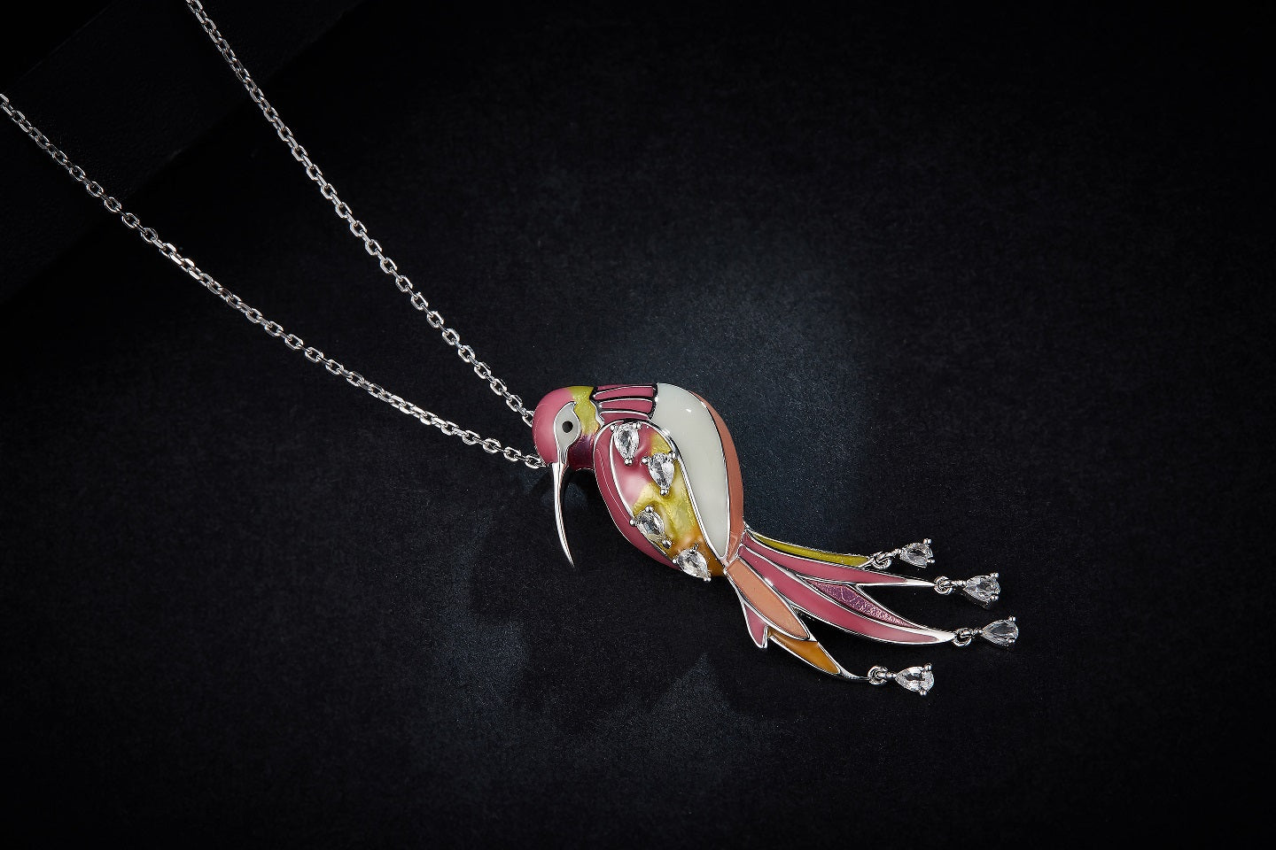 Pink Rosefinch Enamel Silver Necklace for Women