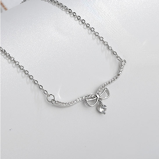 Large V-shape Bow with Zircon Pendant Silver Necklace for Women