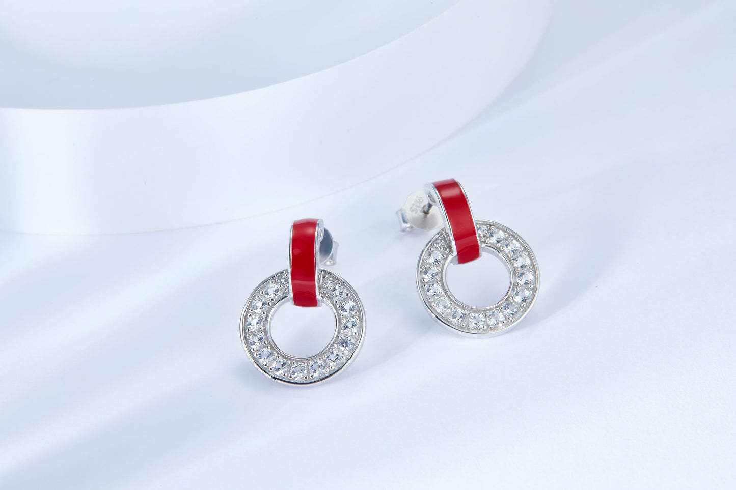 Red Circle Enamel Silver Studs Earrings for Women