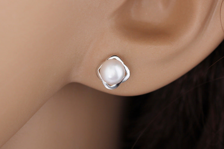 Hollow Square with Pearl Silver Studs Earrings for Women