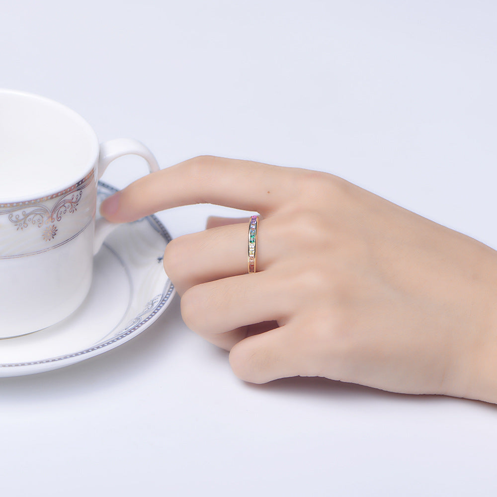 European Style Rainbow Zircon Sterling Silver Ring for Women