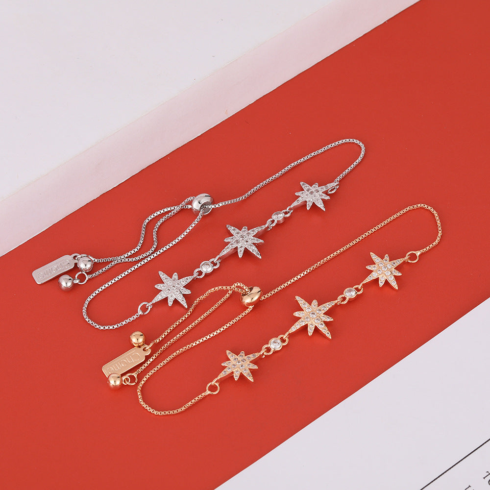 Three Zircon Octagonal Stars Silver Bracelet for Women