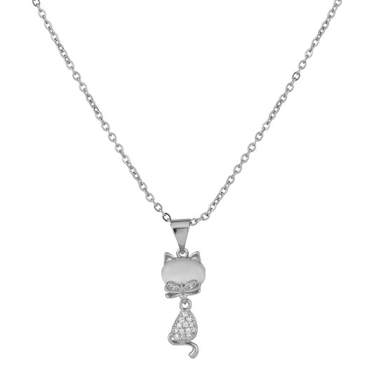 Zircon Cat Pendant Silver Necklace for Women