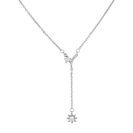 Stylish V-shape with Zircon Sun Tassel Silver Necklace for Women