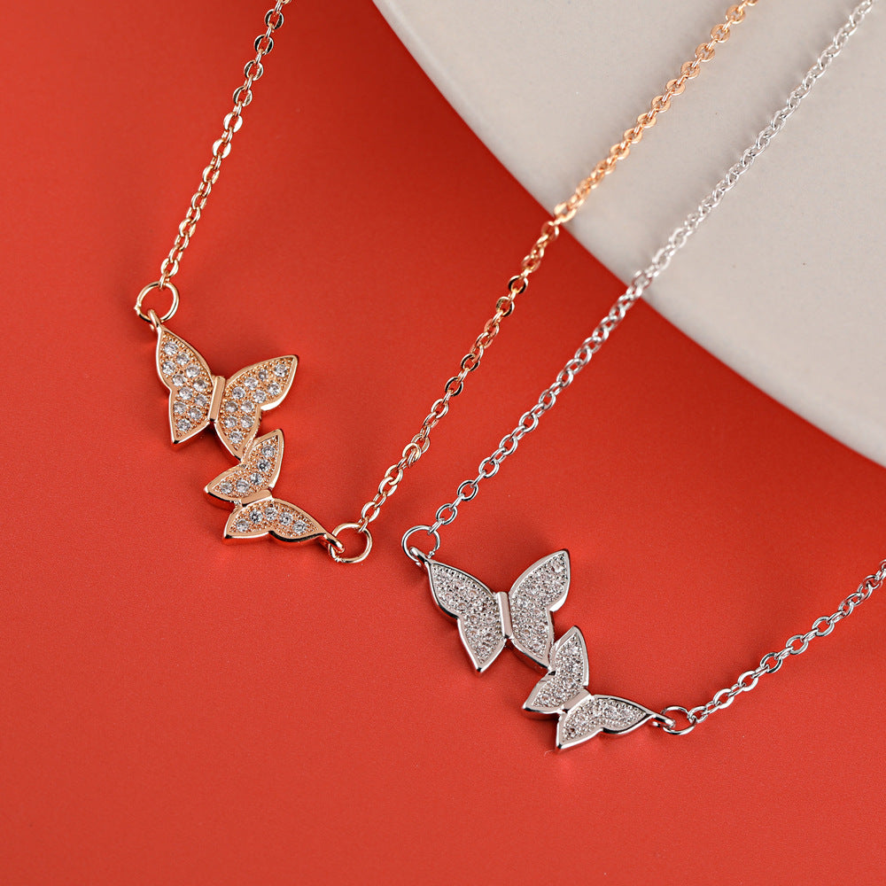 Full Zircon Double Butterflies Pendant Silver Necklace for Women
