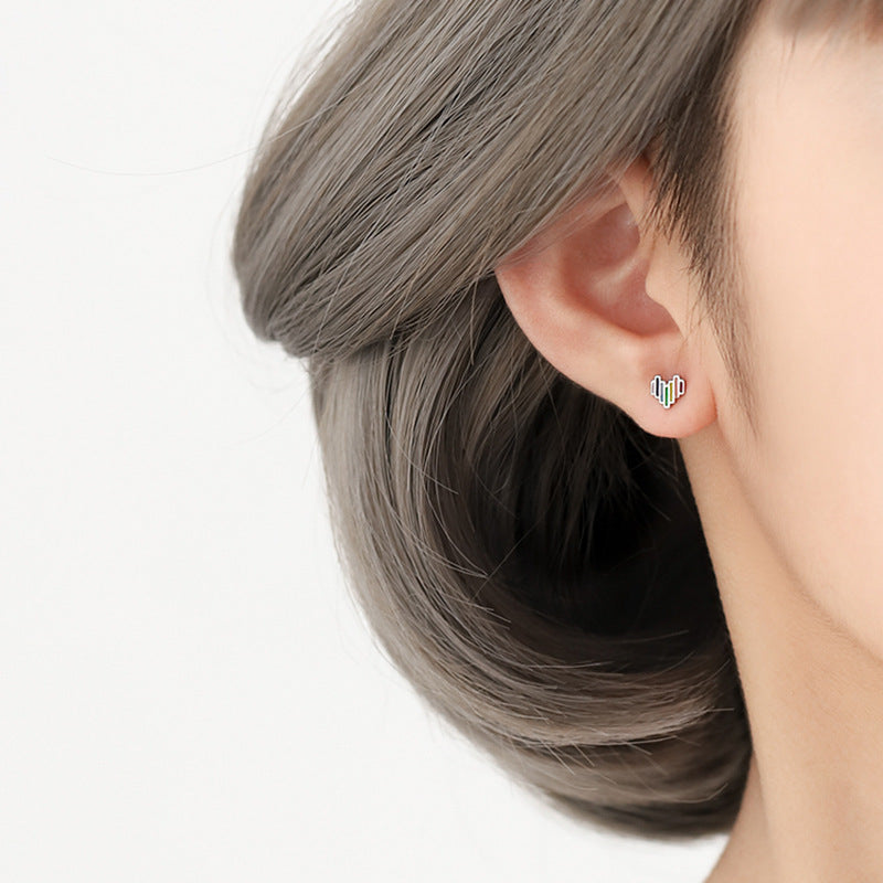 Colourful Mini Rainbow Heart Silver Studs Earrings for Women