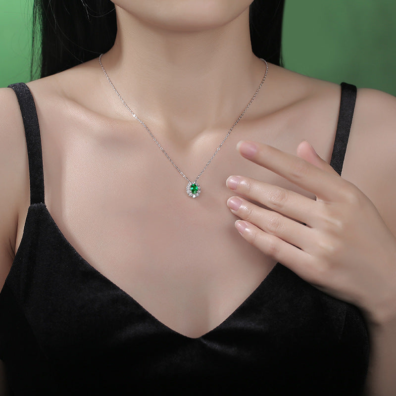 (1.0CT) Lab-Created Emerald Oval Ice Cut Soleste Halo Pendants Silver Necklace for Women