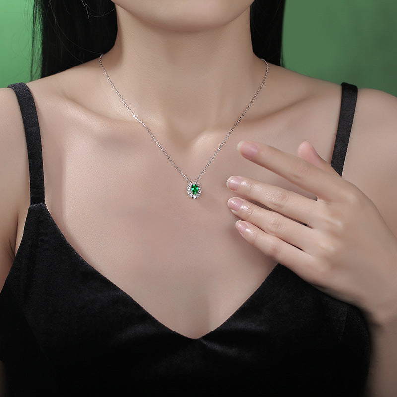 (1.0CT) Lab-Created Emerald Oval Ice Cut Soleste Halo Pendants Silver Necklace for Women