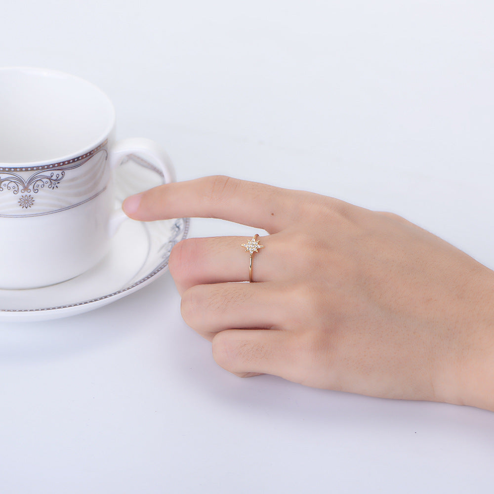 White Zircon Six-pointed Star Design Sterling Silver Ring for Women