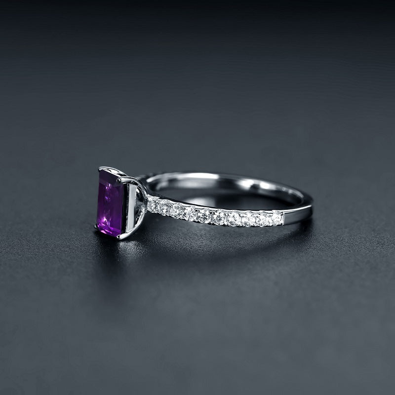 Fashion Light Luxury Natural Colourful Rectangle Gemstone Sterling Silver Four Prongs Ring for Women.
