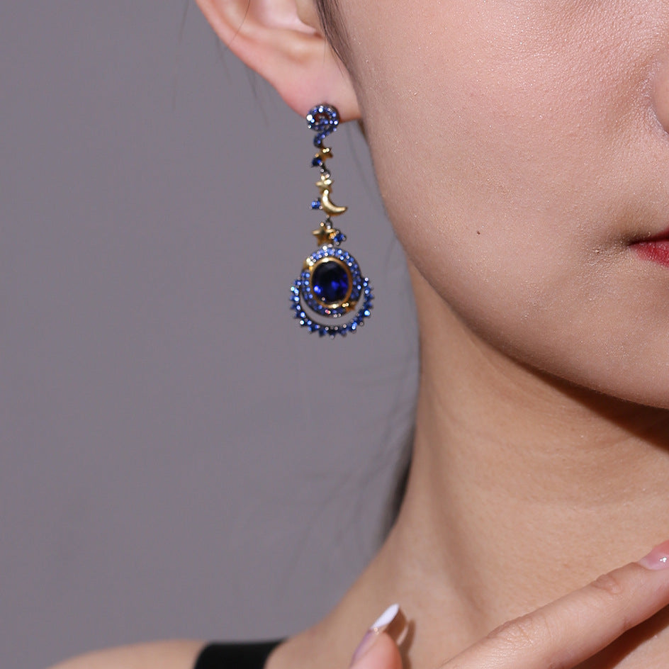 European Bule Corundum Moonstar Oval Shape Silver Drop Earrings for Women