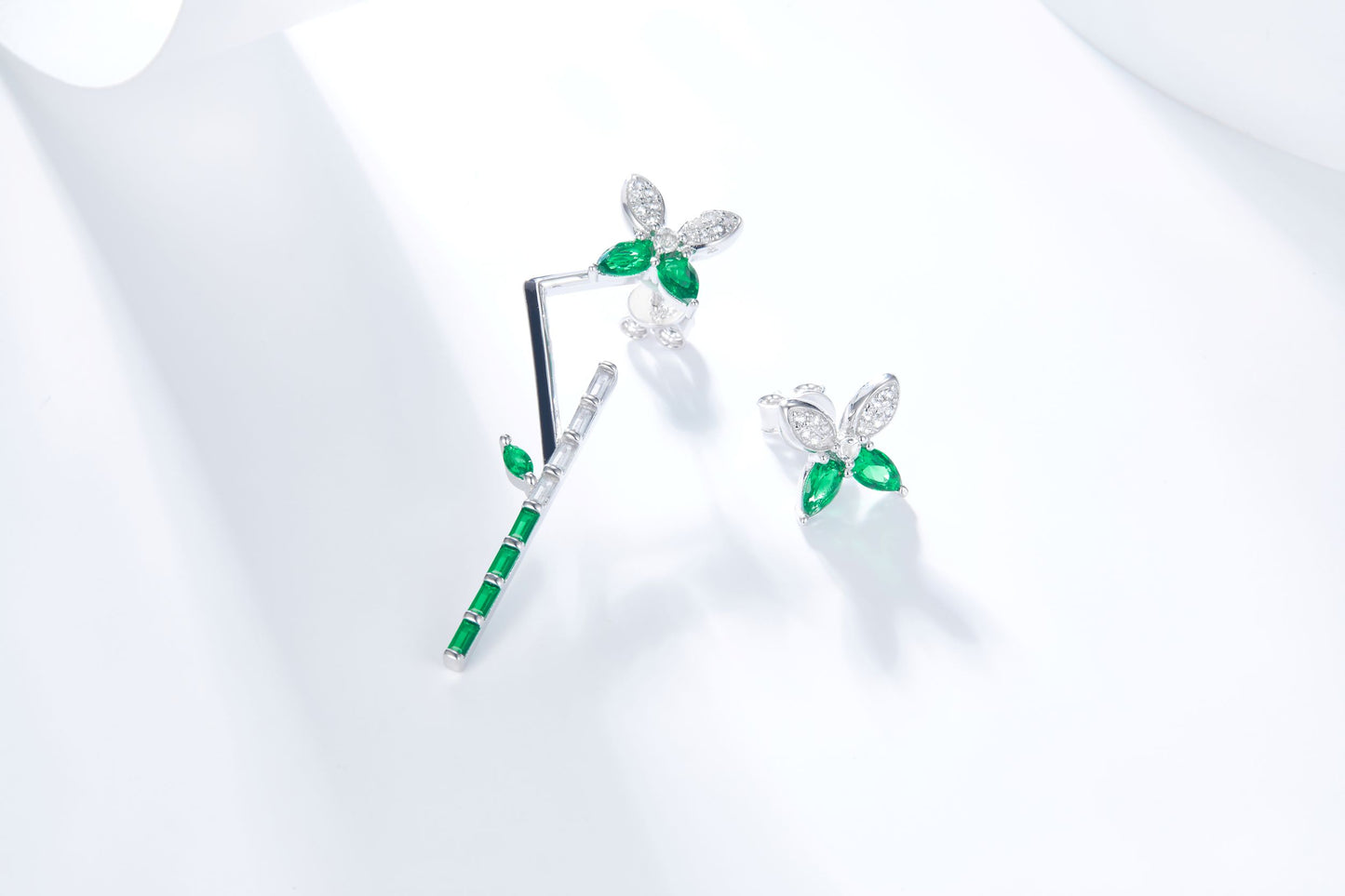 Emerald Colour Bamboo Flower Enamel Silver Earrings for Women