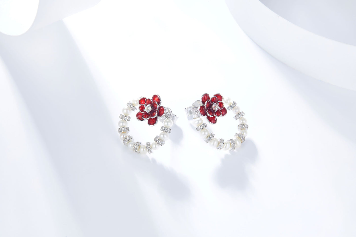 Red Flower Enamel with Pearl Silver Studs Earrings for Women