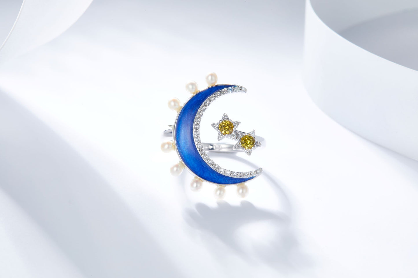 Moon Star Enamel with Pearl Sliver Ring for Women