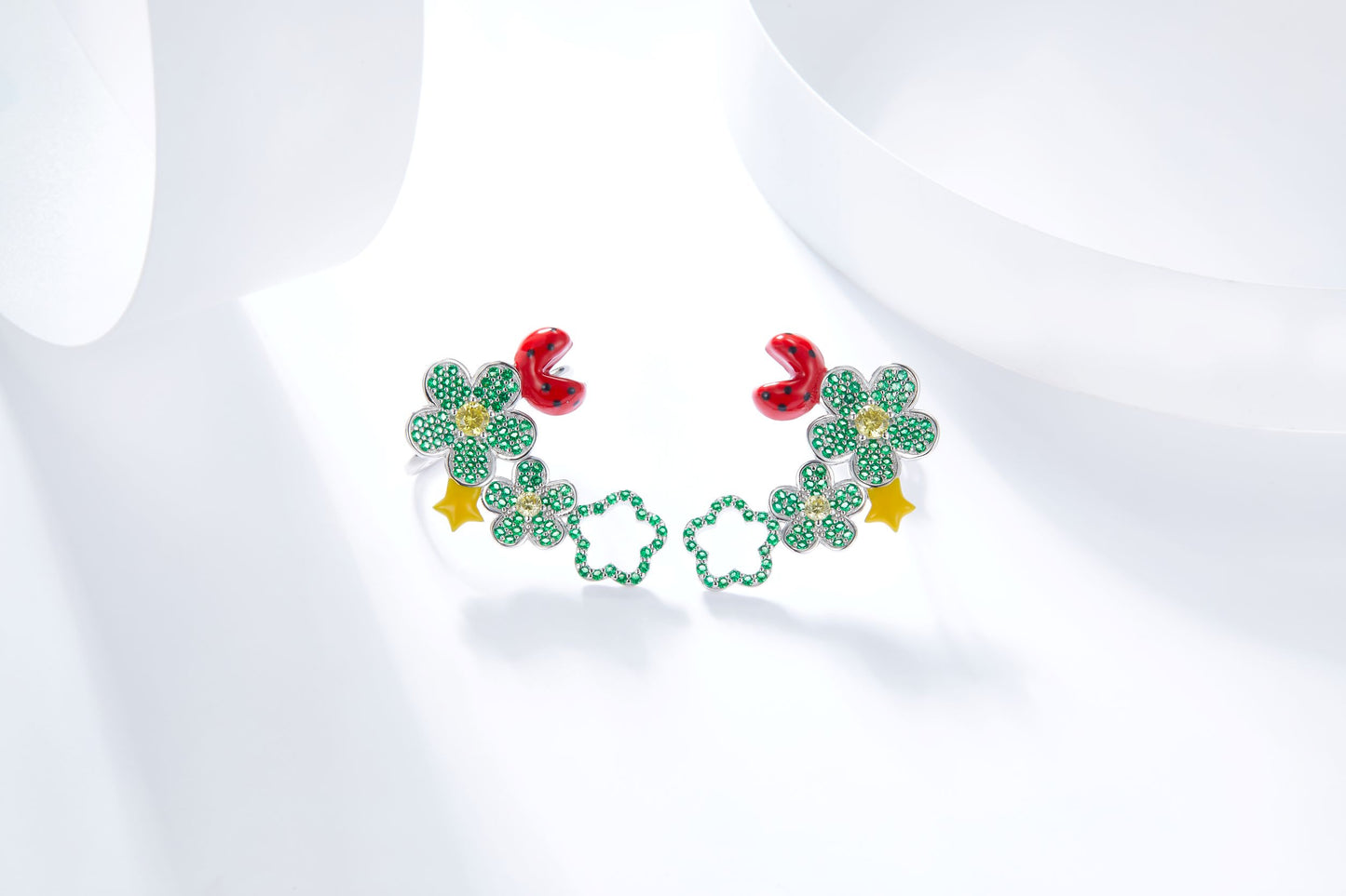 Ladybug with Flower Enamel Silver Earrings for Women
