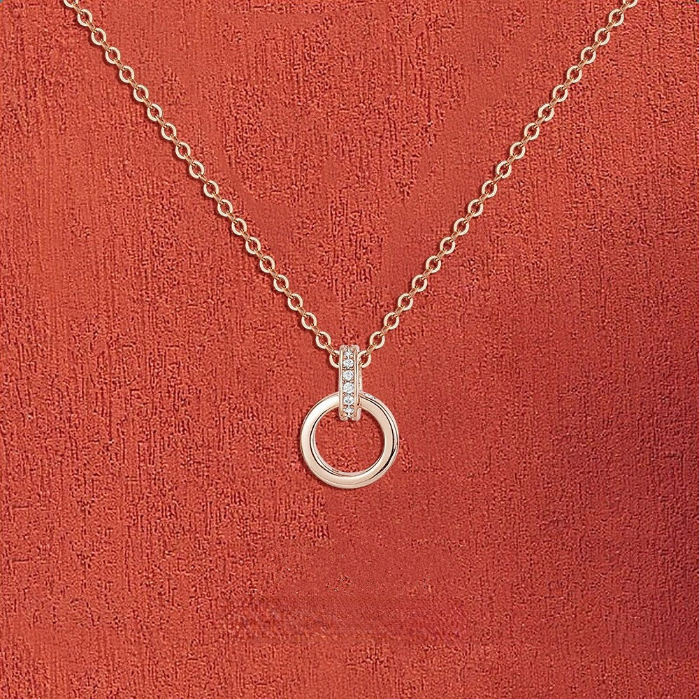 Double Ring with Zircon Pendant Silver Necklace for Women