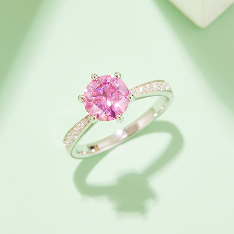 (Four Colours) 2.0 CT Moissanite Round Cut Cathedral Six Prongs Ring for Women
