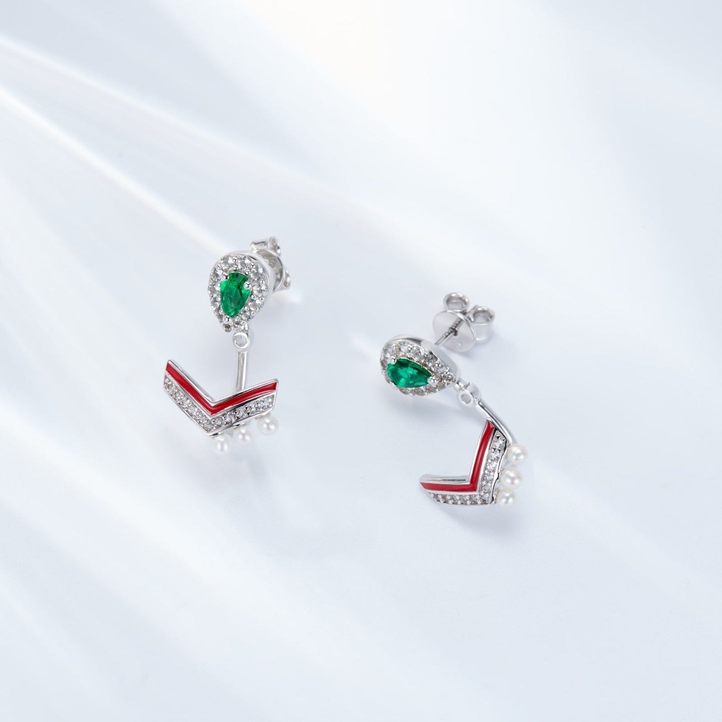 Emerald Colour Enamel with Pearl Silver Drop Earrings for Women