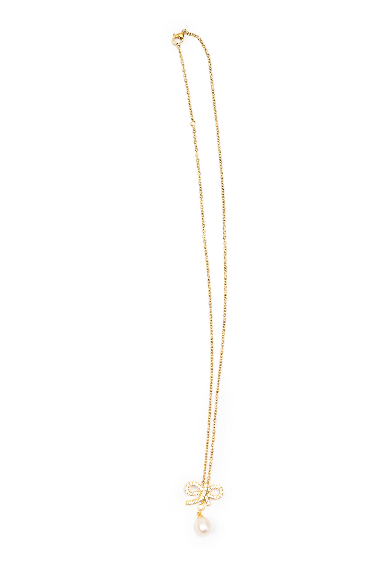 18K Gold Bow Necklace with Freshwater Pearl for Women