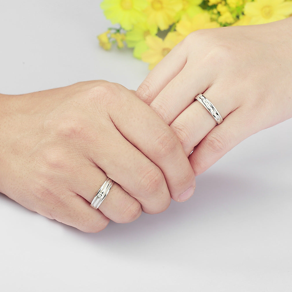 Stripe with Zircon Silver Couple Ring