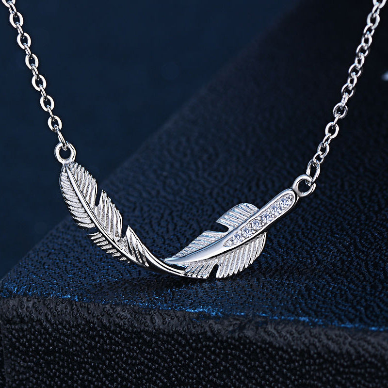 Feather with Zircon Pendant Silver Necklace for Women