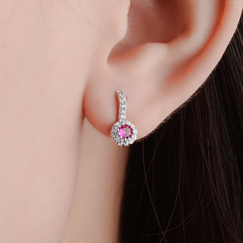 Purple Round Zircon Silver Studs Earrings for Women