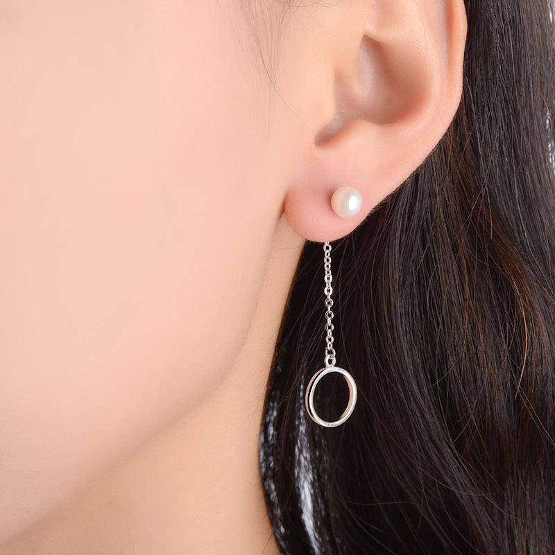 Circle Star Tassle with Pearl Asymmetrical Silver Drop Earrings for Women